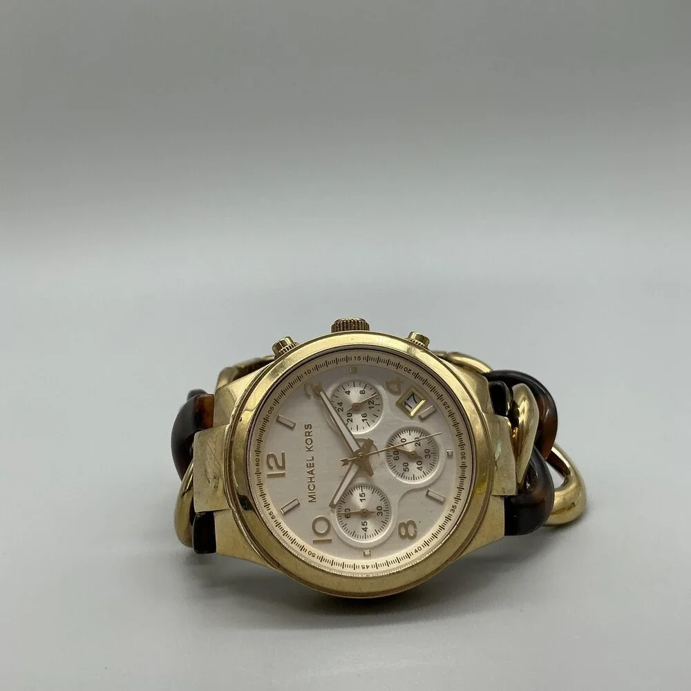 Michael Kors MK-5222 Womens Watch 38mm Gold Tone Faux Tortoise New Battery 8